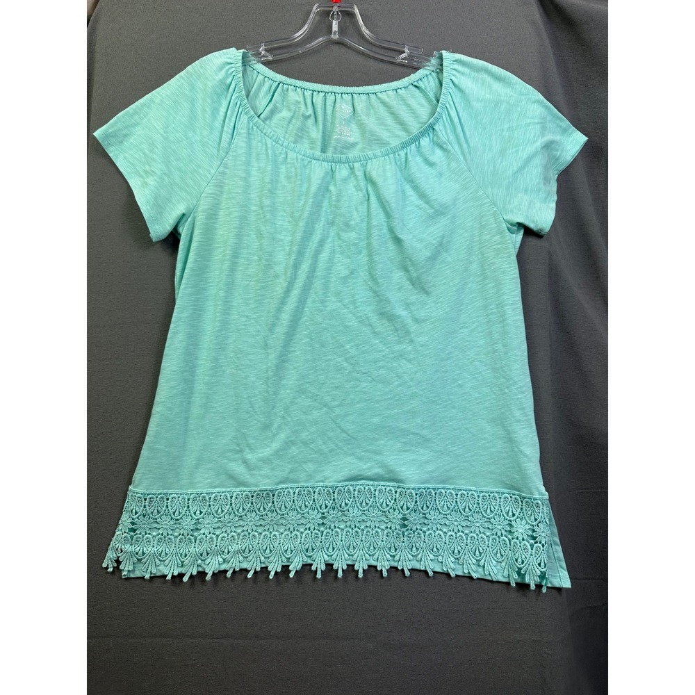 St. John's Bay Women Mint Aqua Slub Knit Crochet Lace Trim Hem Top Size Small